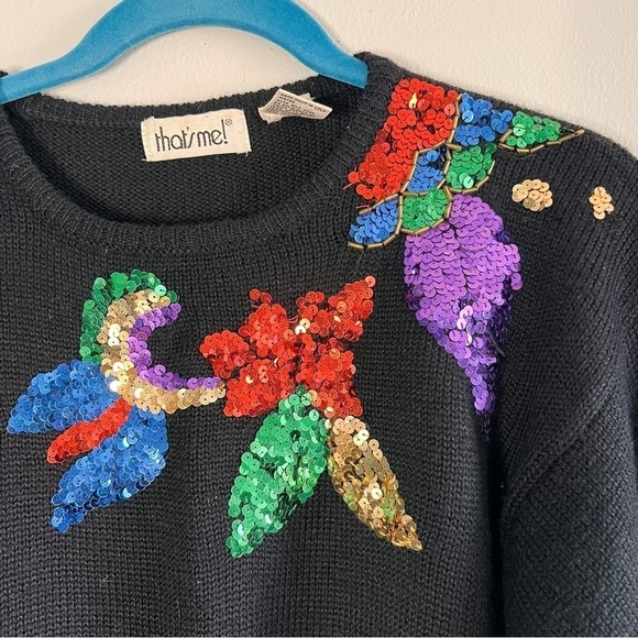 Vintage Black Long Sleeve Wool Sweater Multi-Color Sequins Floral Design Small - Picture 8 of 8